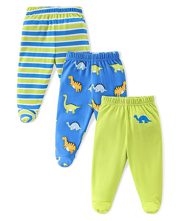 Babyhug Cotton Full Length Bootie Leggings Dino Print Pack of 3 - Green & Blue