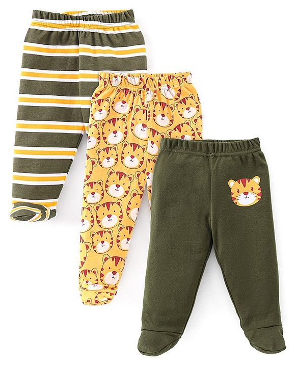 Babyhug Cotton Interlock Knit Bootie Legging Stripes & Tiger Print Pack of 3 - Multicolor