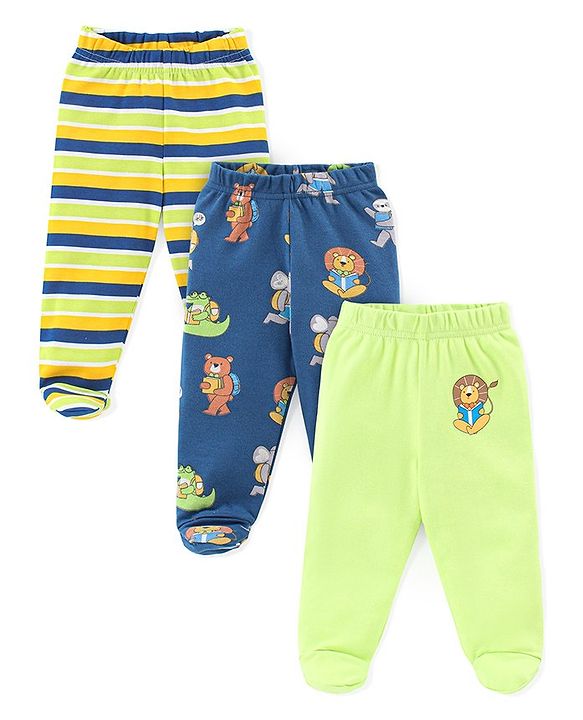 Babyhug Cotton Interlock Knit Footed Bootie Leggings Striped & Bear Print Pack of 3 - Blue & Green