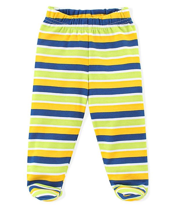 Babyhug Cotton Interlock Knit Footed Bootie Leggings Striped & Bear Print Pack of 3 - Blue & Green