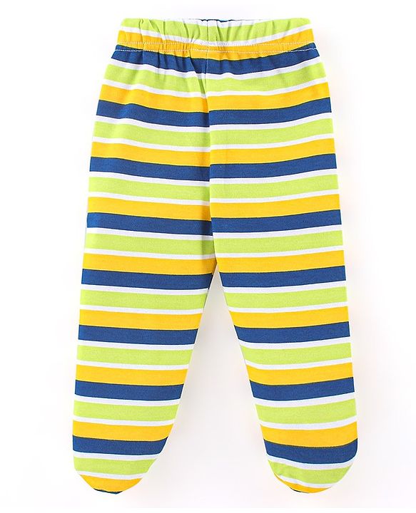 Babyhug Cotton Interlock Knit Footed Bootie Leggings Striped & Bear Print Pack of 3 - Blue & Green