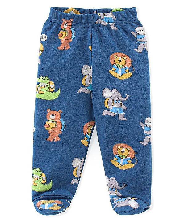 Babyhug Cotton Interlock Knit Footed Bootie Leggings Striped & Bear Print Pack of 3 - Blue & Green
