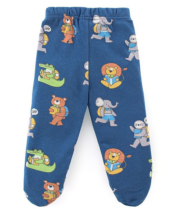 Babyhug Cotton Interlock Knit Footed Bootie Leggings Striped & Bear Print Pack of 3 - Blue & Green