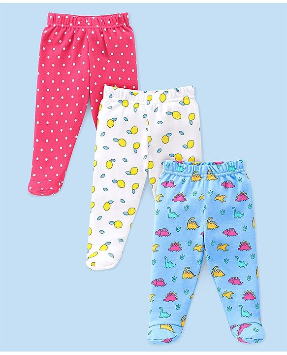 Babyhug Cotton Interlock Knit Bootie Legging Dino Print Pack of 3 - Multicolor