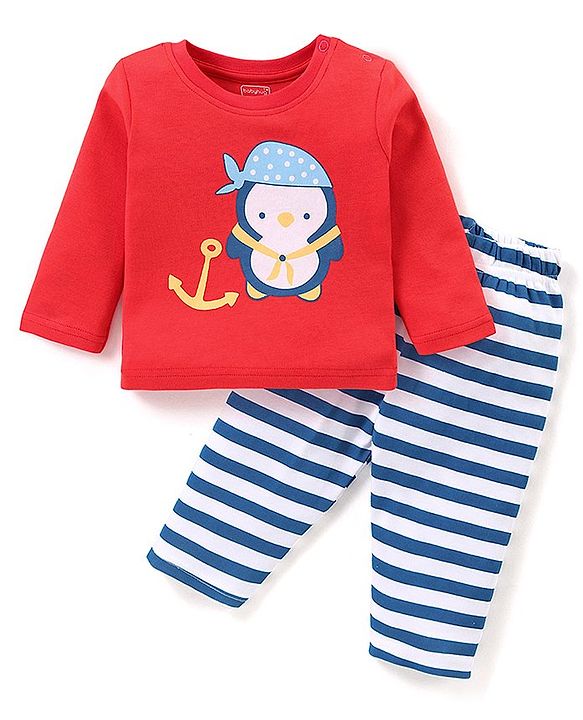 Babyhug Cotton Interlock Full Sleeves  Night Suit Penguin Print - Red & Blue