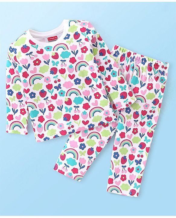 Babyhug Interlock Cotton Knit Full Sleeves Floral Print Night Suit - White