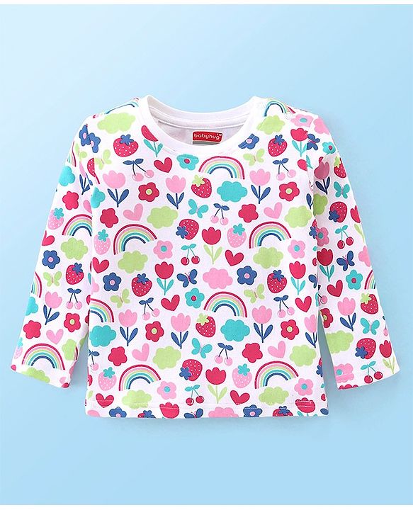 Babyhug Interlock Cotton Knit Full Sleeves Floral Print Night Suit - White