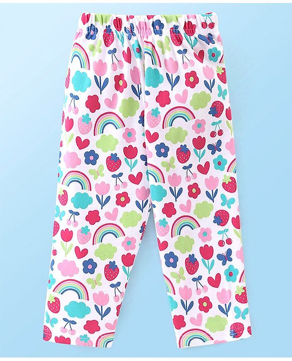 Babyhug Interlock Cotton Knit Full Sleeves Floral Print Night Suit - White