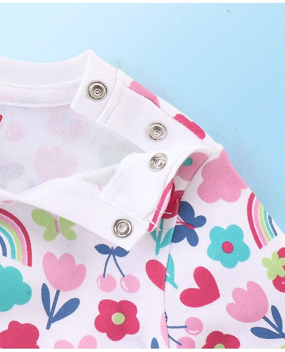 Babyhug Interlock Cotton Knit Full Sleeves Floral Print Night Suit - White
