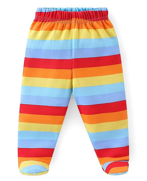 Babyhug Cotton Knit Footed Bootie Leggings Stripes Car & Truck Print Pack of 3- Multicolour