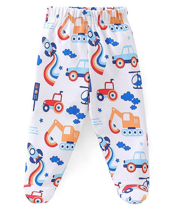 Babyhug Cotton Knit Footed Bootie Leggings Stripes Car & Truck Print Pack of 3- Multicolour