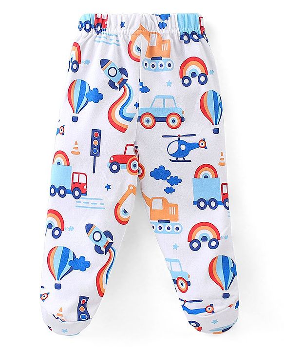 Babyhug Cotton Knit Footed Bootie Leggings Stripes Car & Truck Print Pack of 3- Multicolour