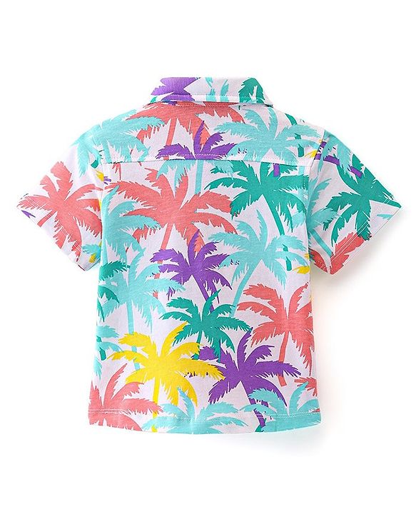 Babyhug 100% Cotton Knit Half Sleeves Regular Collar Shirt With Palm Tree Print- White
