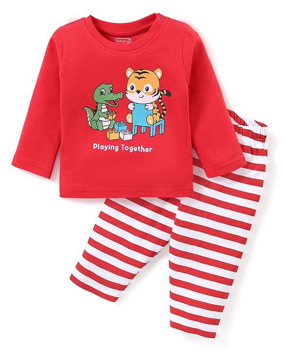 Babyhug Cotton Interlock Full Sleeves Night Suit Animal Print -  Red