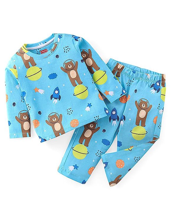 Babyhug Cotton Knit Full Sleeves Teddy Printed Night Suit - Blue
