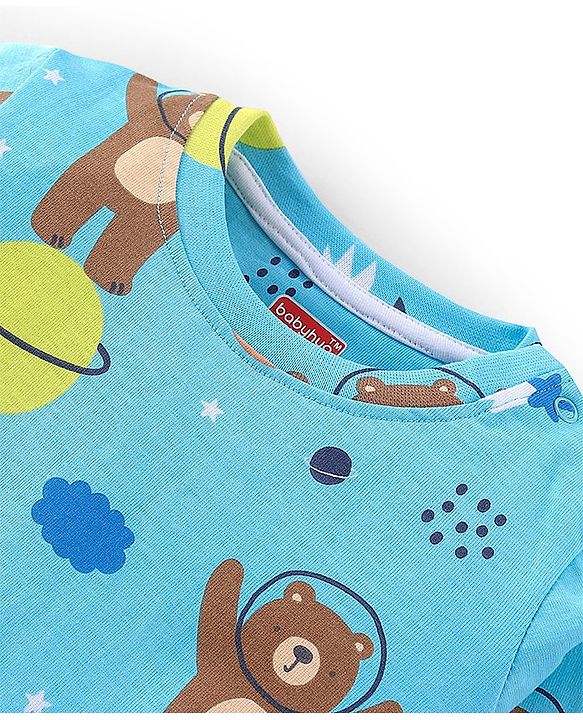 Babyhug Cotton Knit Full Sleeves Teddy Printed Night Suit - Blue