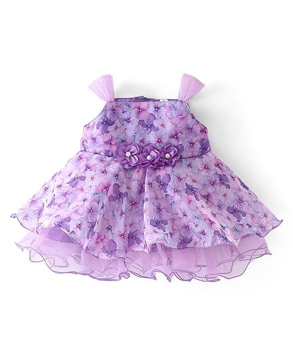 Babyhug Sleeveless Floral  Digital Printed Party Frock with Floral Applique - Lavender