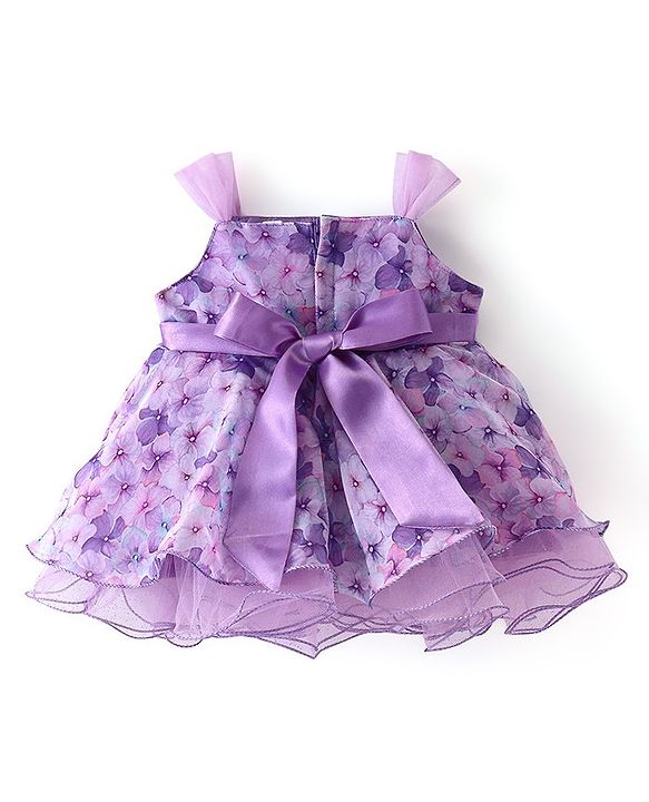 Babyhug Sleeveless Floral  Digital Printed Party Frock with Floral Applique - Lavender