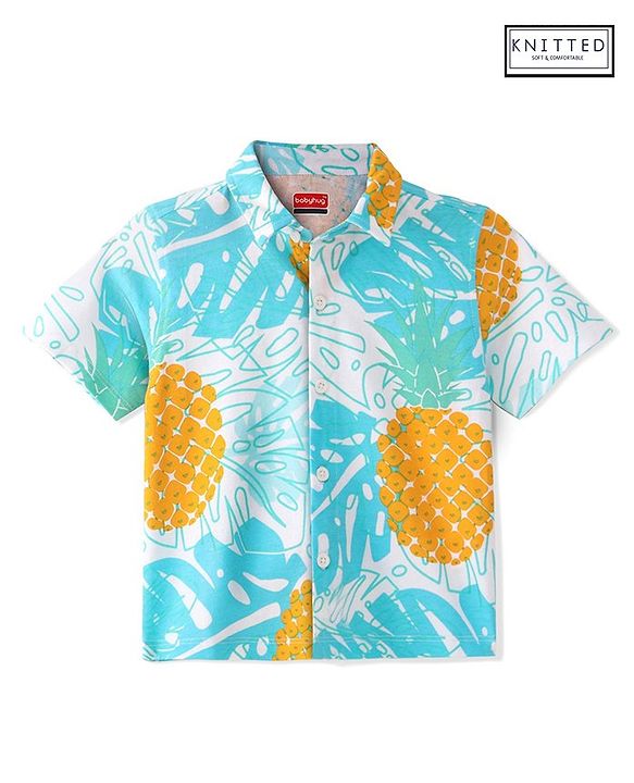 Babyhug 100% Cotton Knit Half Sleeves Shirt Pineapple Print - Blue
