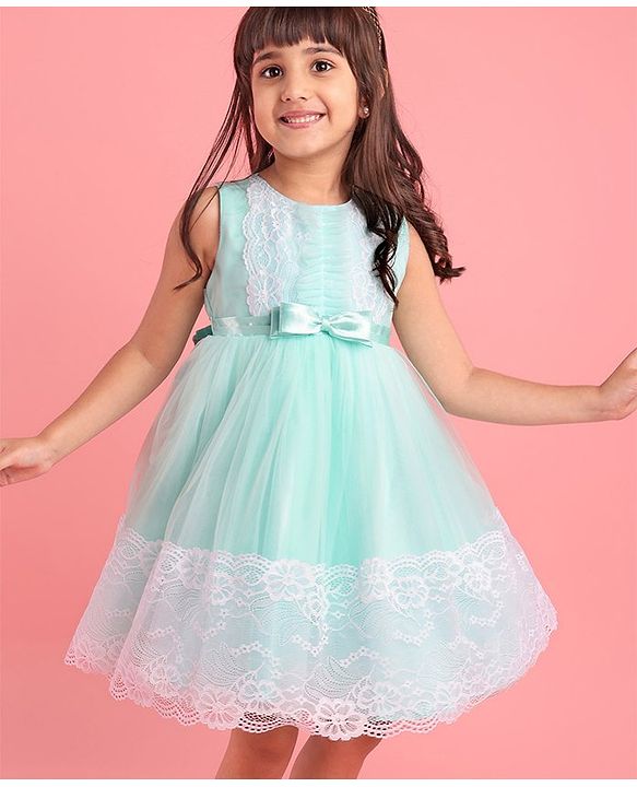 Babyhug Sleeveless Lace Party Frock with Bow - Mint Blue