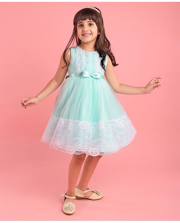 Babyhug Sleeveless Lace Party Frock with Bow - Mint Blue
