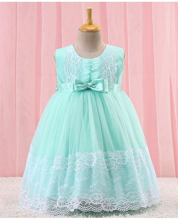 Babyhug Sleeveless Lace Party Frock with Bow - Mint Blue