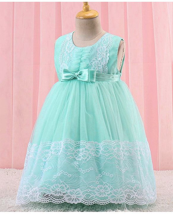 Babyhug Sleeveless Lace Party Frock with Bow - Mint Blue