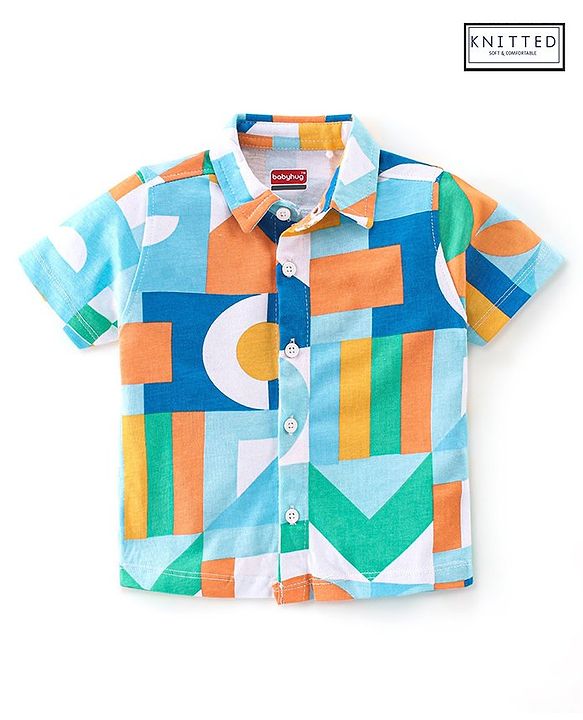 Babyhug 100% Cotton Knit Half Sleeve Regular Collar Shirt Abstract Print - Multicolour