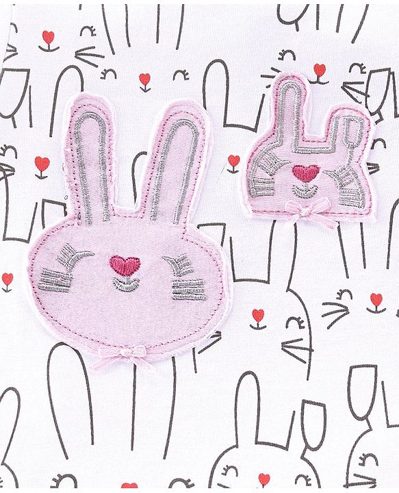 Babyhug Single Jersey Knit Half Sleeves Night Suit with Bunny Print & Patch - White & Grey