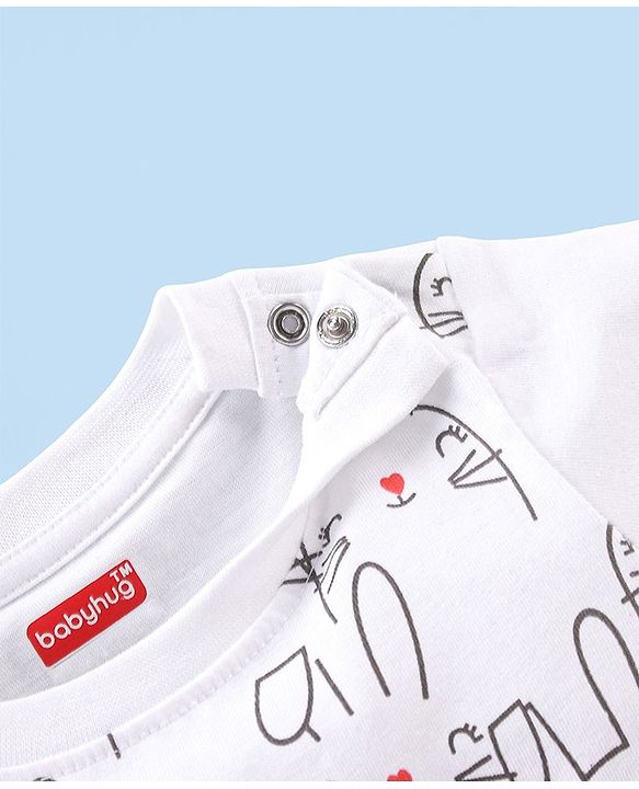 Babyhug Single Jersey Knit Half Sleeves Night Suit with Bunny Print & Patch - White & Grey