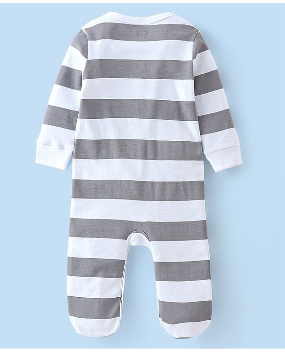 Babyhug Cotton Knit Footed Sleepsuit With Striped Print - Grey