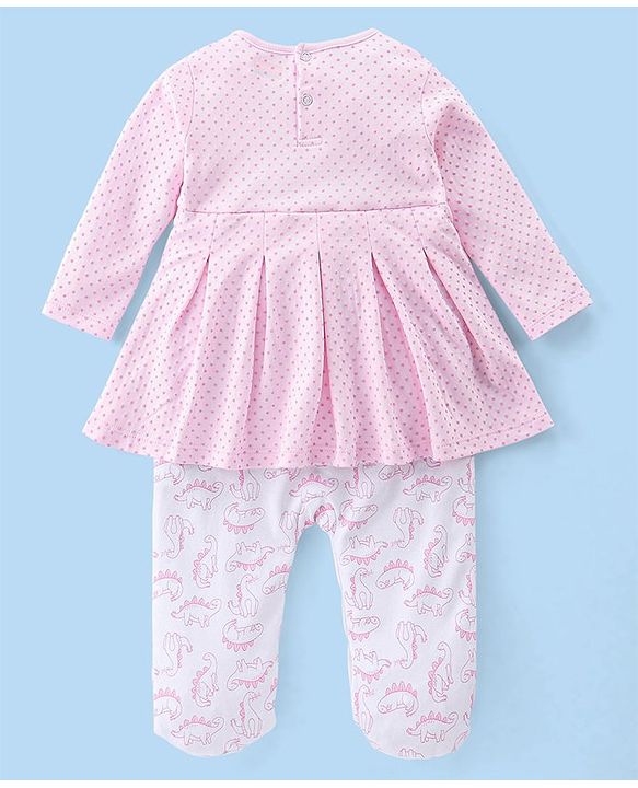 Babyhug Interlock Full Sleeves Sleepsuit Dino & Polka Dots Printed - Pink