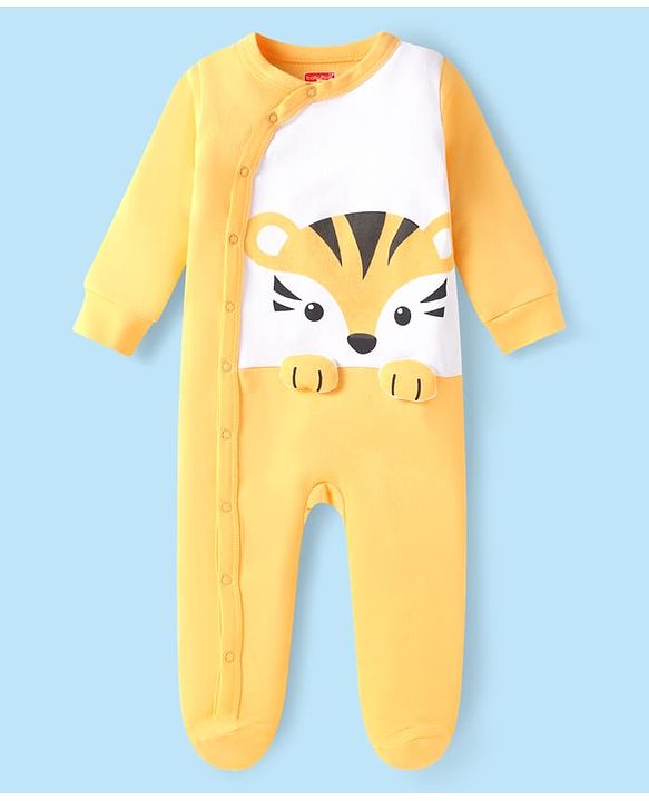 Babyhug Cotton Interlock Knit Full Sleeves Tiger Printed Footed Sleepsuit - Yellow