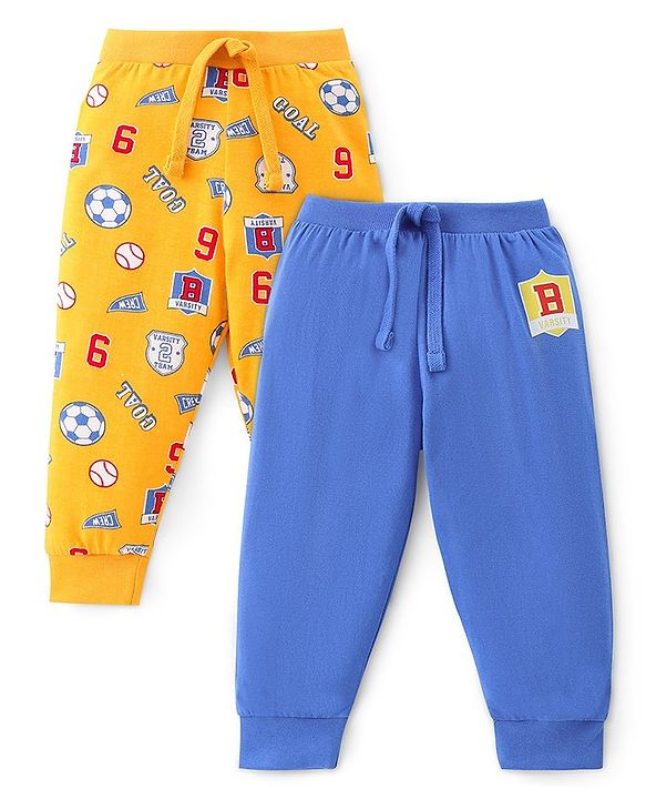 Babyhug Cotton Full Length Lounge Pants Football Print Pack of 2 - Blue & Yellow