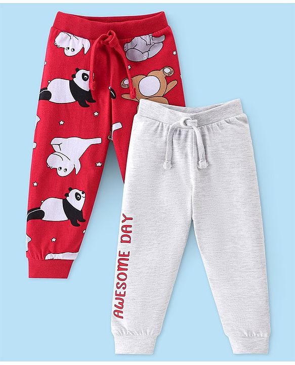 Babyhug Cotton Knit Full Length Lounge Pant With Panda & Hippo Print Pack Of 2 - Grey & Red