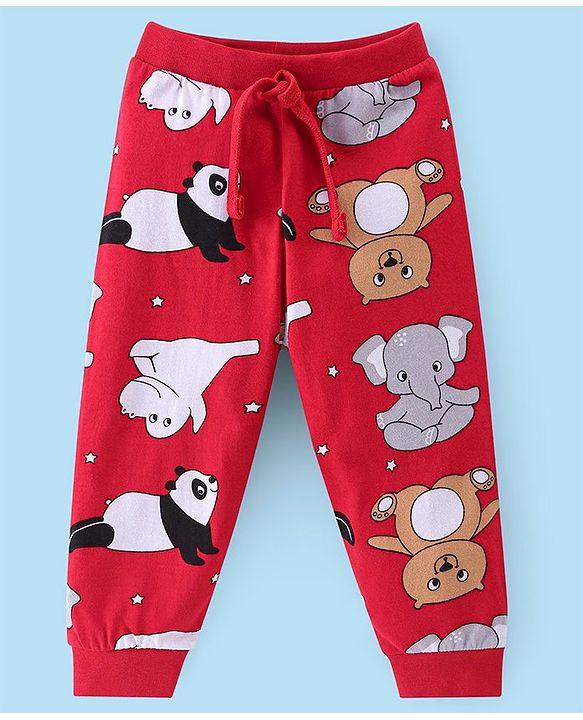 Babyhug Cotton Knit Full Length Lounge Pant With Panda & Hippo Print Pack Of 2 - Grey & Red