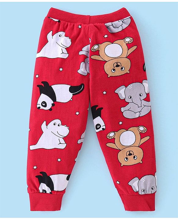 Babyhug Cotton Knit Full Length Lounge Pant With Panda & Hippo Print Pack Of 2 - Grey & Red