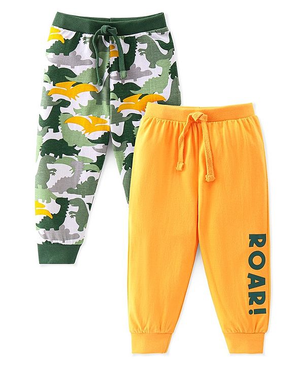 Babyhug Cotton Jersey Knit Full Length Lounge Pants Dino Printed Pack of 2 - Green & Yellow