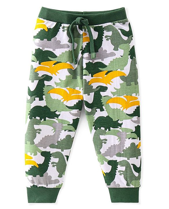 Babyhug Cotton Jersey Knit Full Length Lounge Pants Dino Printed Pack of 2 - Green & Yellow