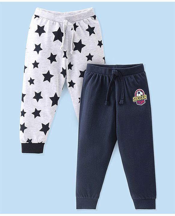 Babyhug Cotton Jersey Knit Full Length Lounge Pants Star Printed Pack of 2 - Grey & Navy Blue