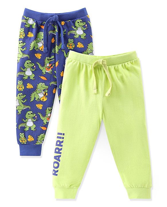Babyhug Cotton Jersey Knit Full Length Lounge Pants Dino Printed Pack of 2 - Green & Blue