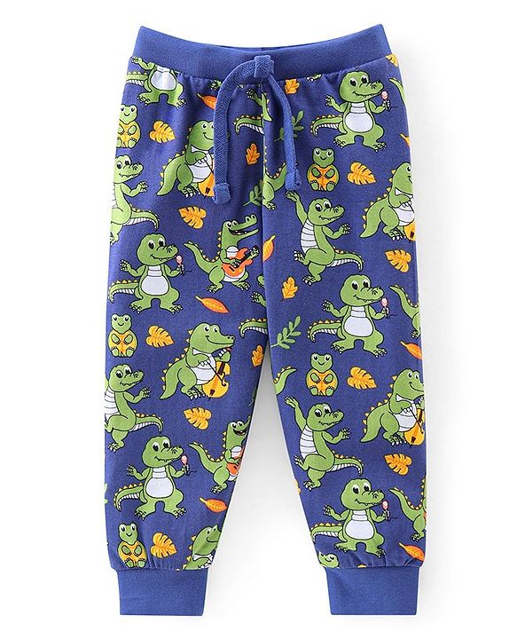 Babyhug Cotton Jersey Knit Full Length Lounge Pants Dino Printed Pack of 2 - Green & Blue