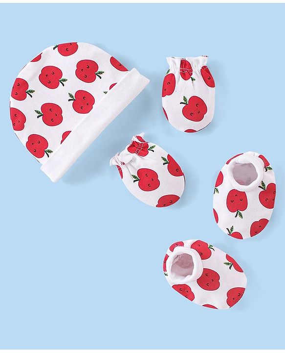 Babyhug 100% Cotton Knit Cap Mittens & Booties Apple Print - Red