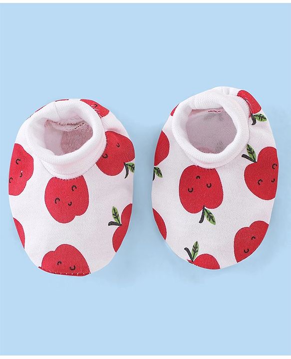 Babyhug 100% Cotton Knit Cap Mittens & Booties Apple Print - Red