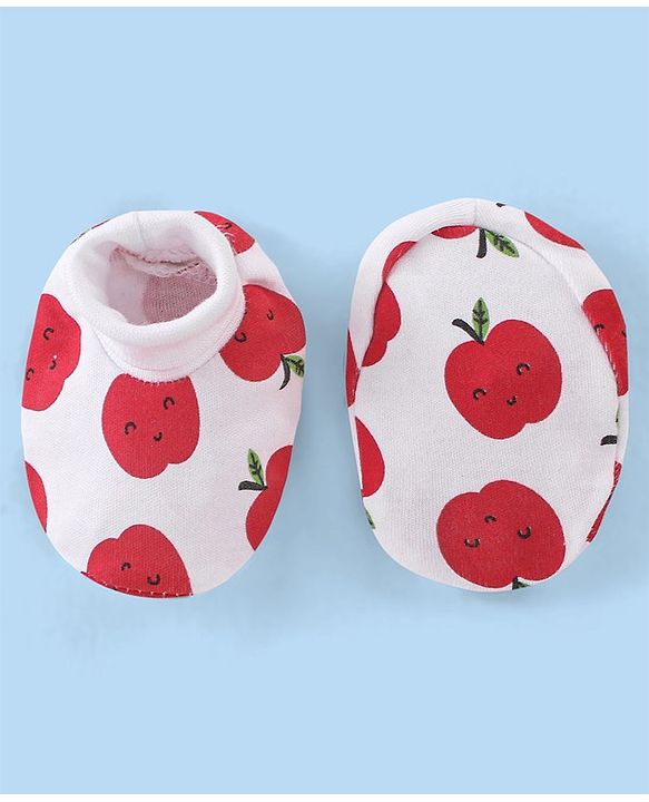 Babyhug 100% Cotton Knit Cap Mittens & Booties Apple Print - Red