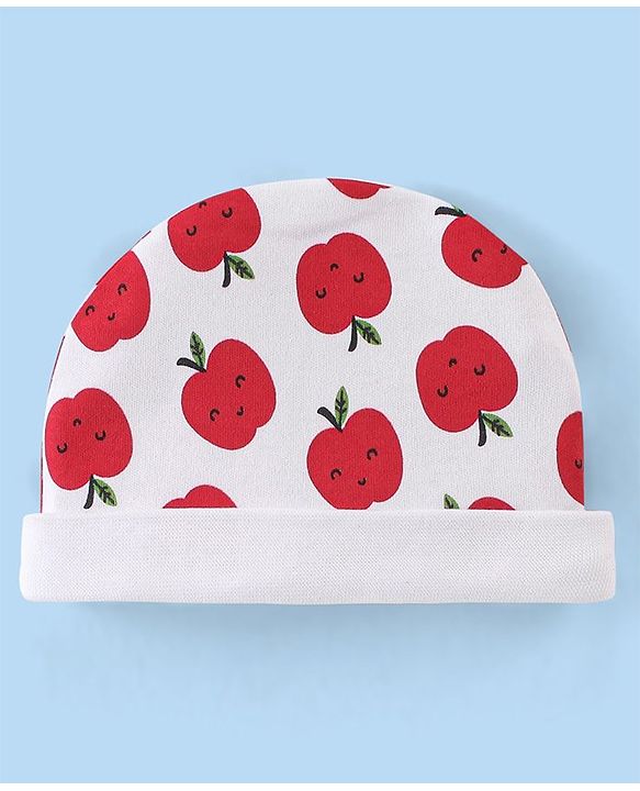 Babyhug 100% Cotton Knit Cap Mittens & Booties Apple Print - Red