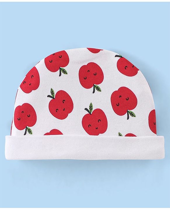 Babyhug 100% Cotton Knit Cap Mittens & Booties Apple Print - Red