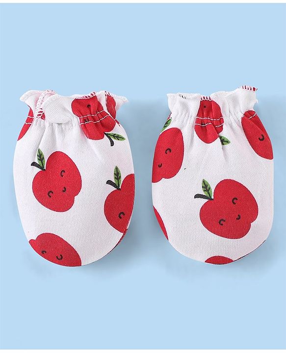 Babyhug 100% Cotton Knit Cap Mittens & Booties Apple Print - Red