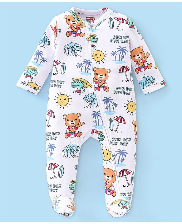BABYHUG FULL SLEEVES SLEEPSUIT UNISEX WHITE AOP 9-12 month