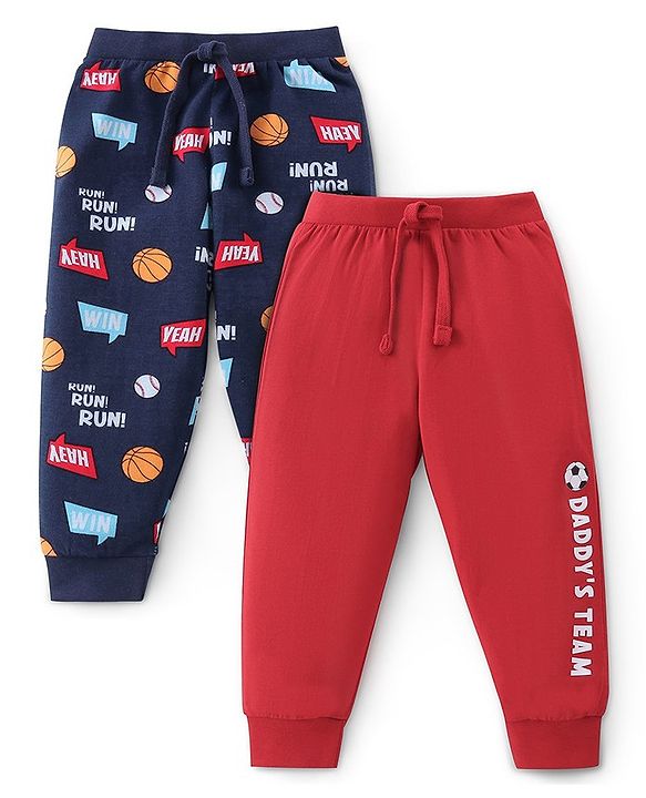 Babyhug Cotton Full Length Lounge Pant Text Printed Pack of 2 - Red & Blue